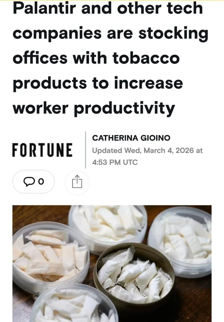 Tech news article headline about Palantir and other companies stocking tobacco products in offices