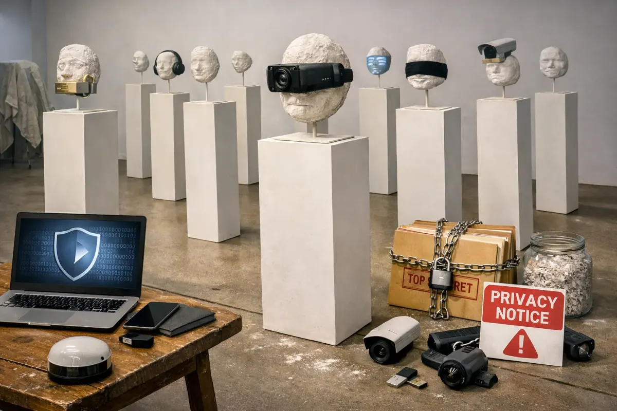 Privacy notice display with laptops, USB drives, cameras, a chain and lock, suggesting SaaS data handling and compliance