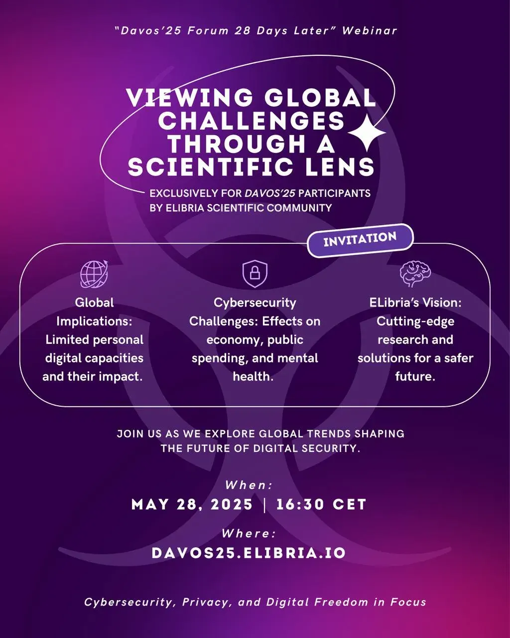 Promotional poster for a Davos’25 webinar on cybersecurity, privacy, and digital freedom