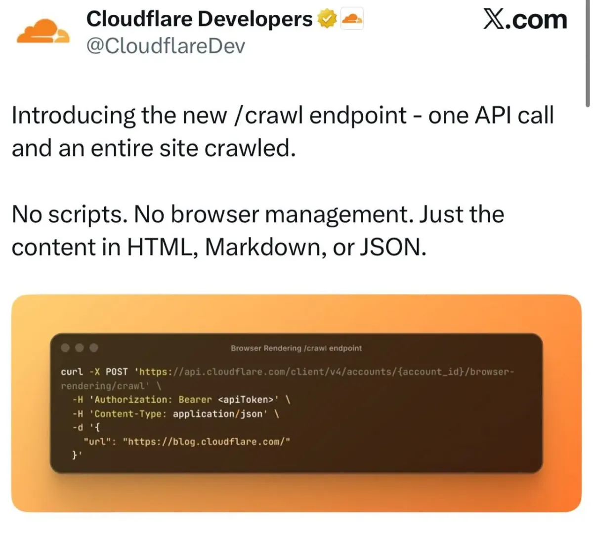 X.com post from Cloudflare Developers describing a /crawl API endpoint and example curl request