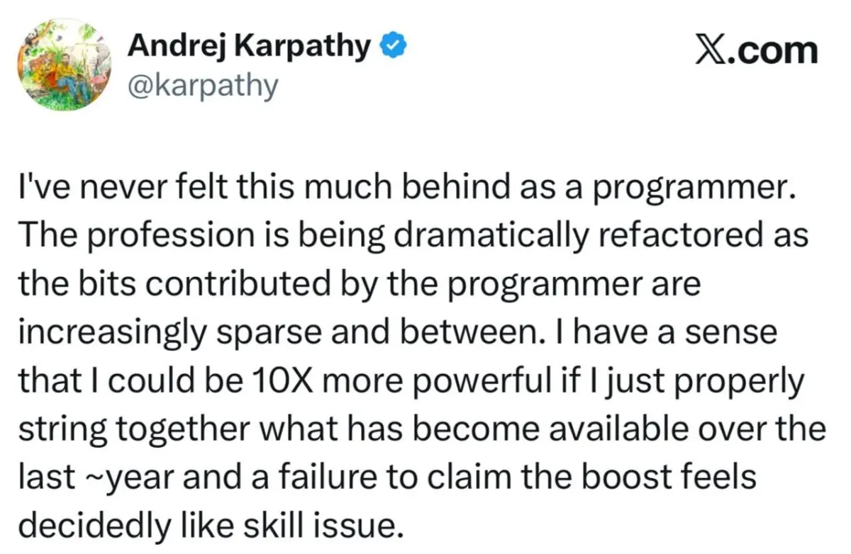 Screenshot of a text post about programmers feeling behind as the profession changes