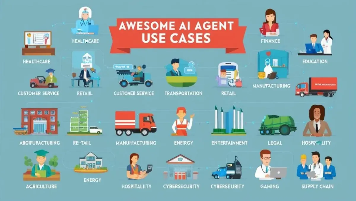 AI agent use cases illustration with industry icons including cybersecurity and legal for a startup context