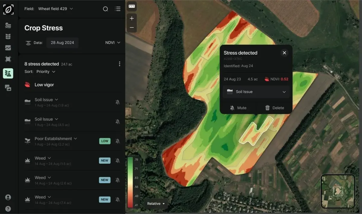 Agricultural monitoring dashboard showing field data, NDVI, and crop stress entries for a data processing agreement