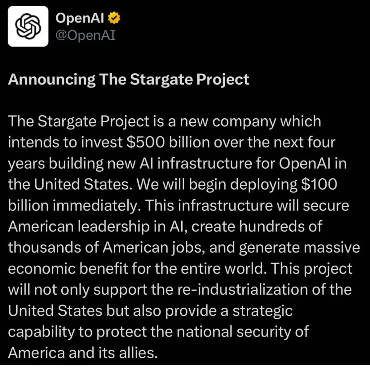 OpenAI announcement text about the Stargate Project investment, shown in a startup financing review context