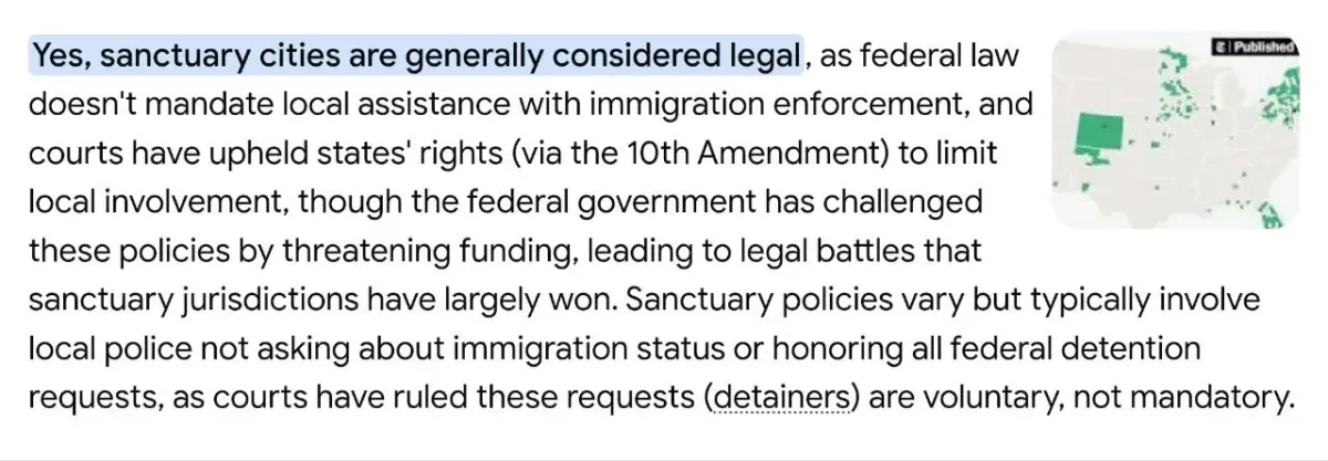 Text-heavy legal note about sanctuary city policies and federal immigration enforcement.