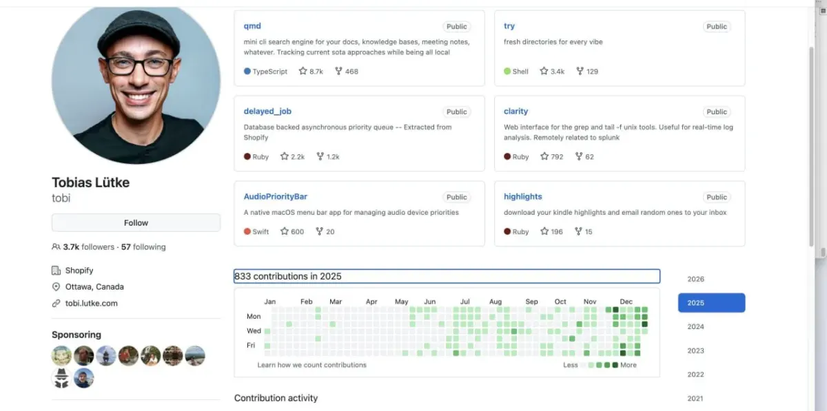 Screenshot of public code repositories and a developer profile for mobile app brand review