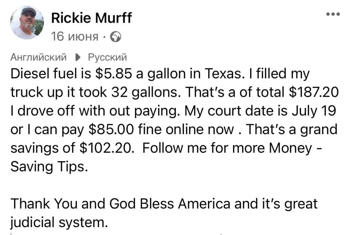 Text post about a Texas diesel fuel payment, court date, and online fine