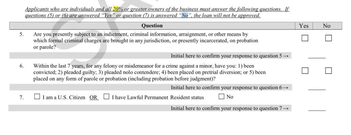 Document excerpt with eligibility questions for business applicants and 20% or greater owners