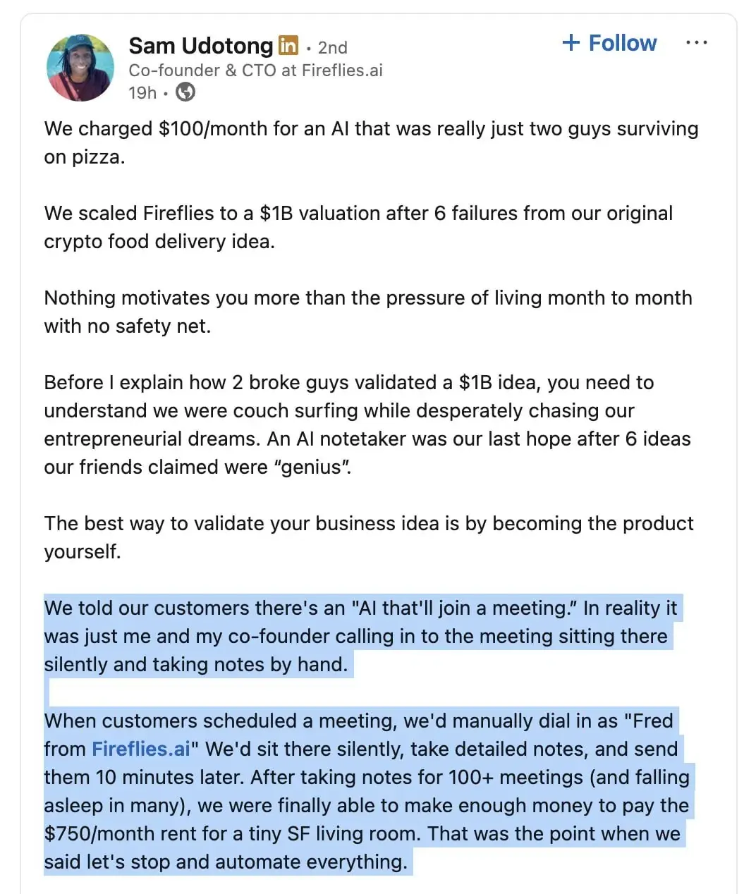 Screenshot of a LinkedIn post by Sam Udotong about early Fireflies.ai startup idea validation