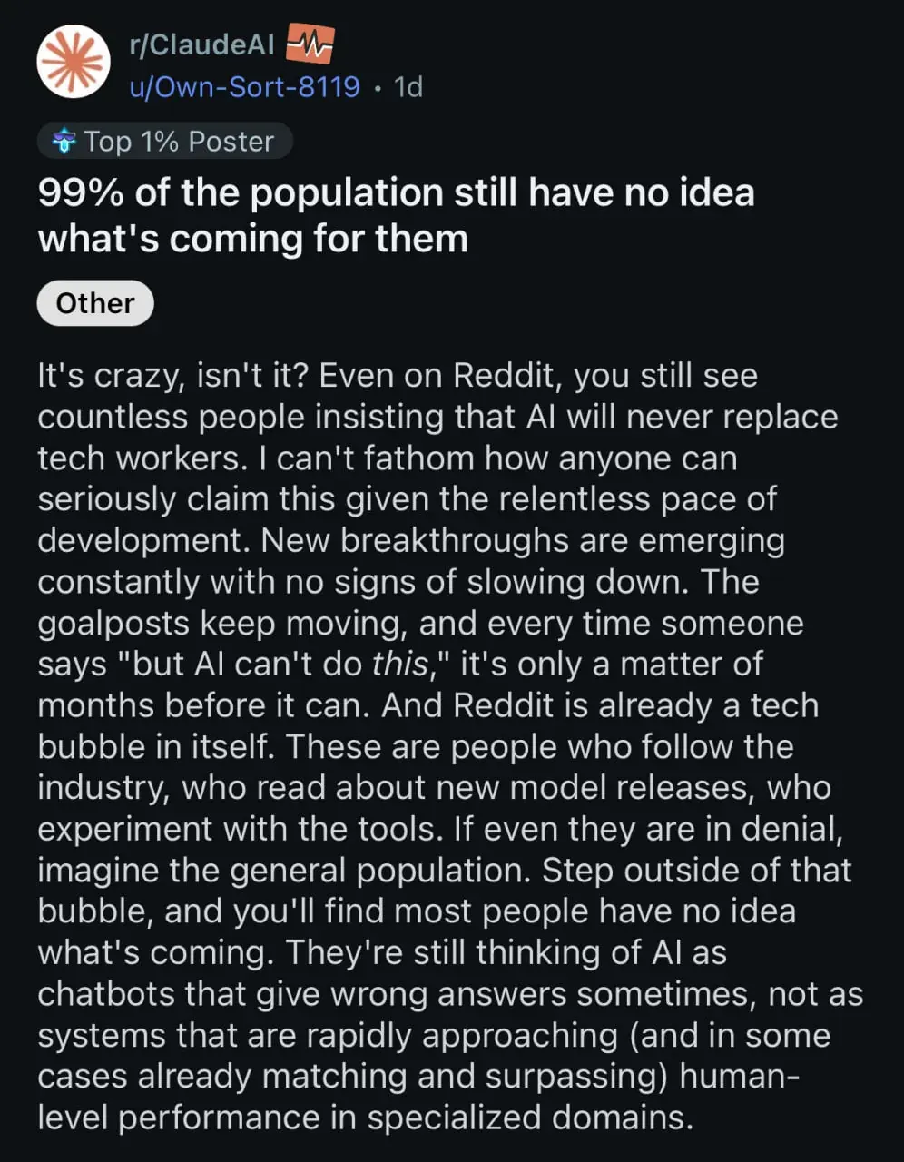 Screenshot of a Reddit discussion about AI replacing tech workers in a startup legal counsel context
