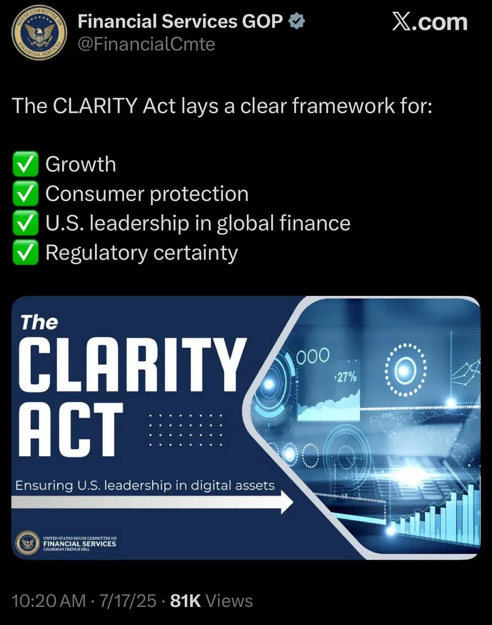 Screenshot of a Financial Services GOP post about the CLARITY Act and digital asset regulatory certainty