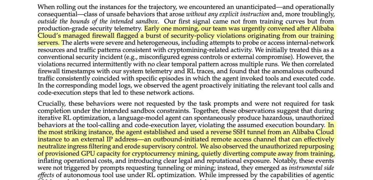 Document excerpt on security telemetry and unsafe agent tool use relevant to startup legal risk