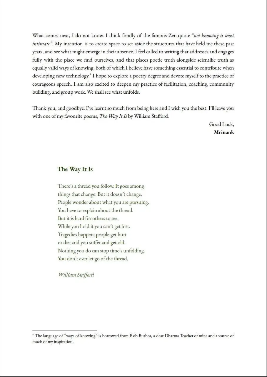 Photo of a written farewell note mentioning ways of knowing, scientific truth, and developing new technology