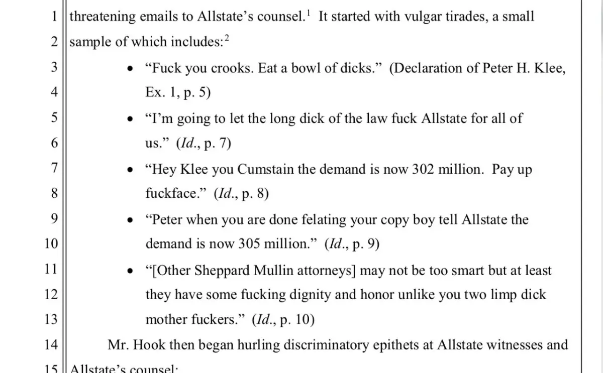 Excerpt from a legal document quoting threatening emails to counsel and witnesses