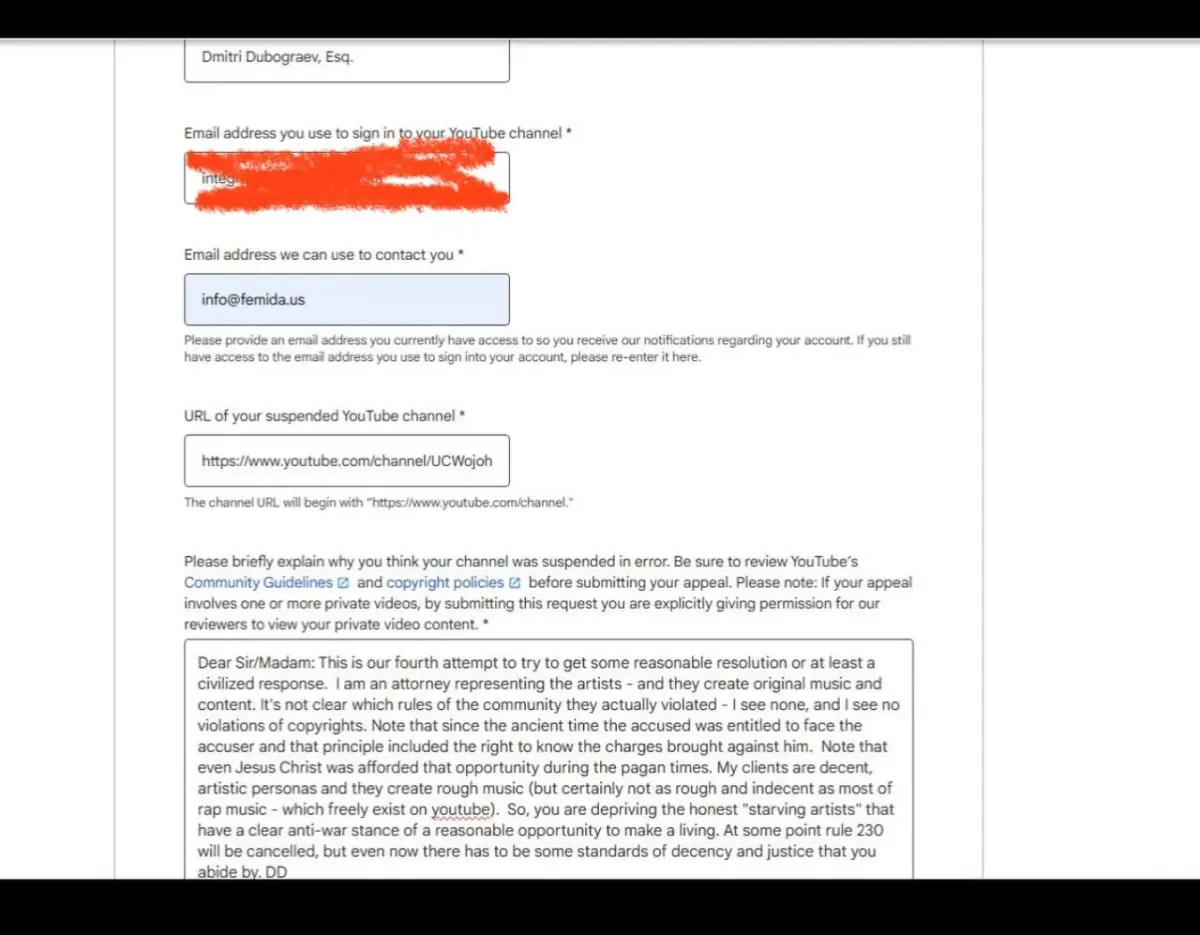 YouTube channel suspension appeal form with attorney contact details for a technology platform dispute YouTube channel suspension appeal form with attorney contact details for a technology platform dispute