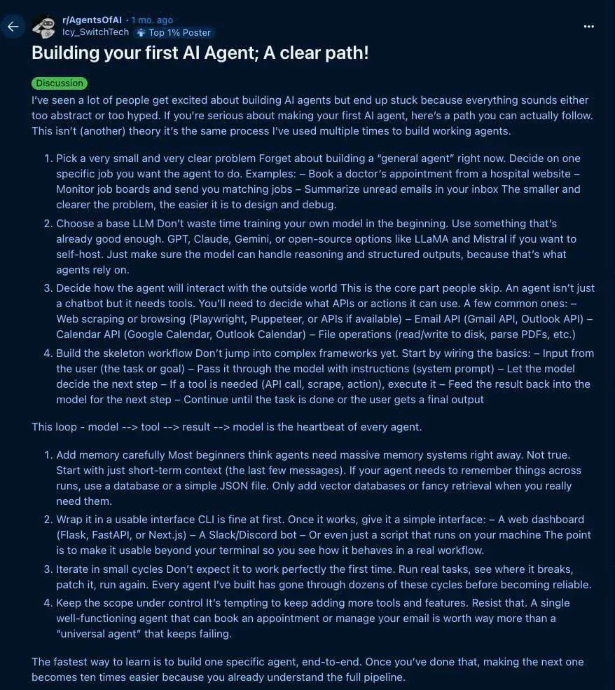 Screenshot of a Reddit post outlining steps for building a first AI agent, relevant to software and technology deals