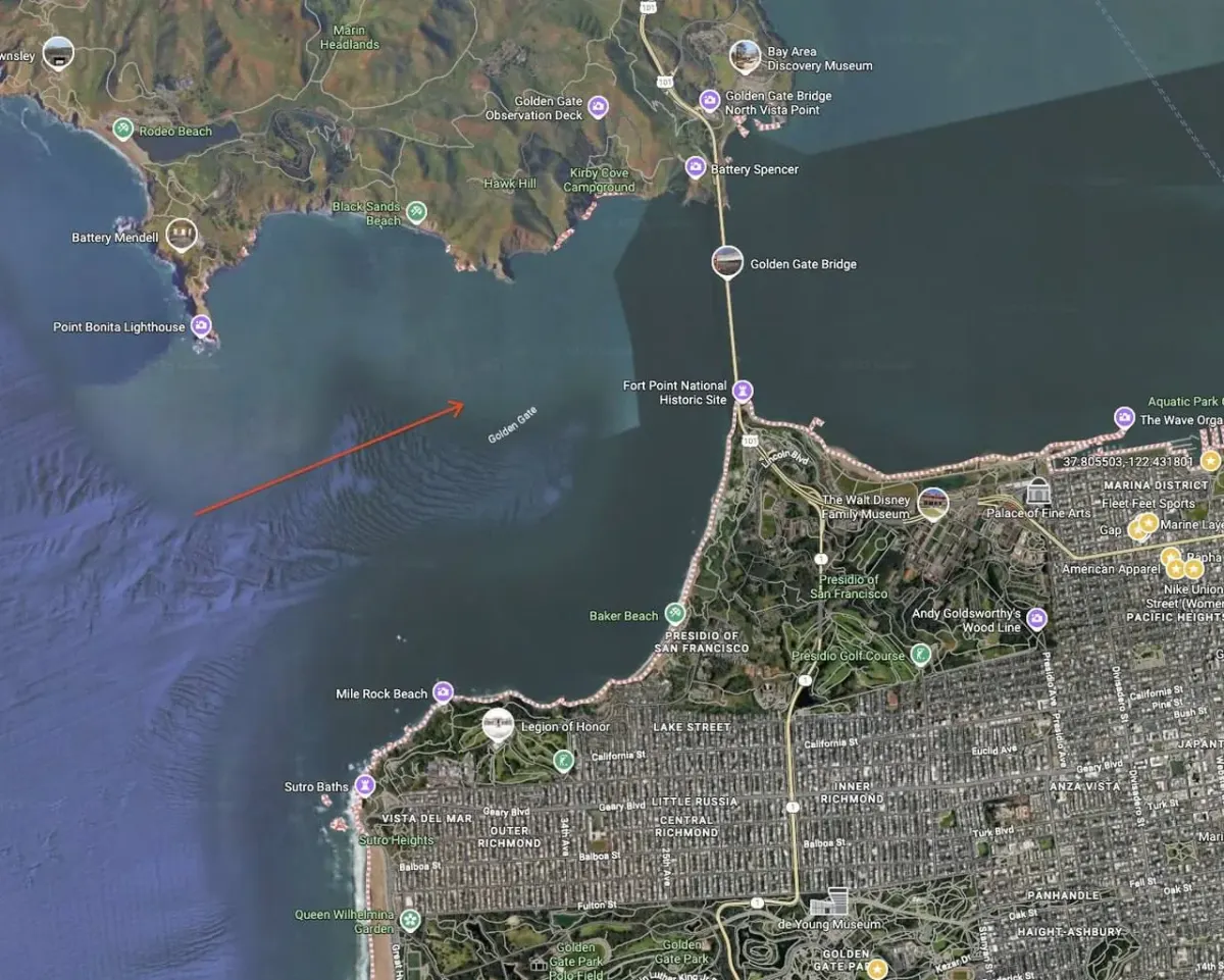 Map of San Francisco landmarks, including Golden Gate Bridge and Baker Beach, for a startup US expansion legal page