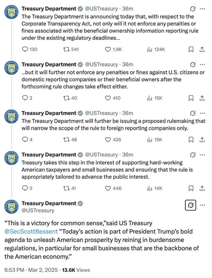 Screenshot of Treasury Department posts about Corporate Transparency Act enforcement and foreign reporting companies for U.S. setup planning